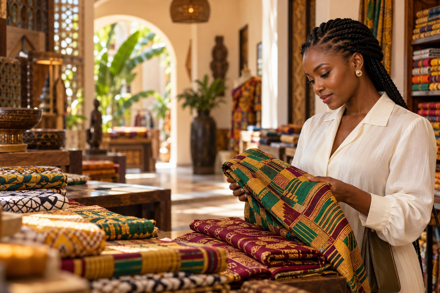 Illustrative editorial photograph of a Ghanaian woman selecting beautiful African fabrics