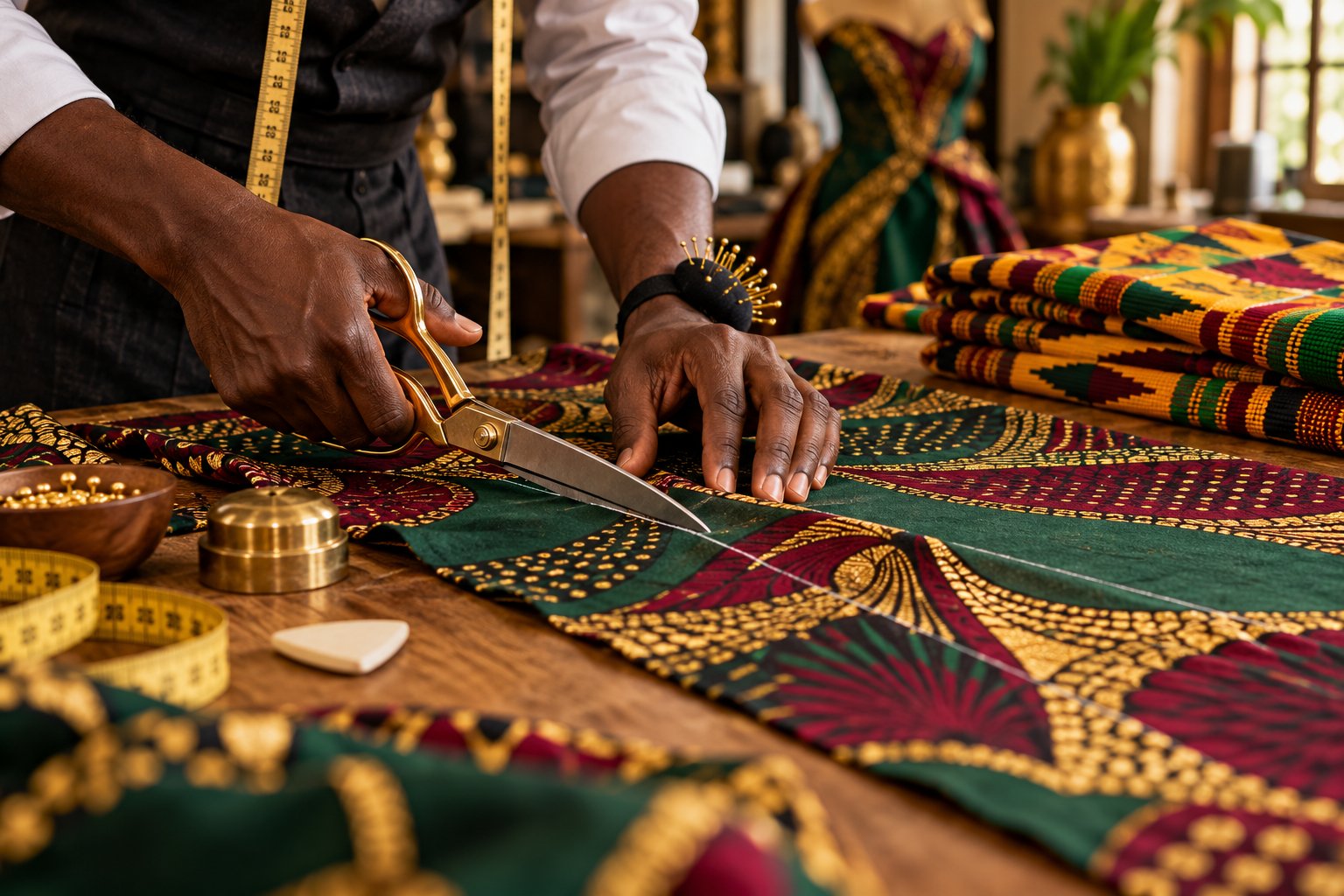 Tailoring tools and fabric in an atelier